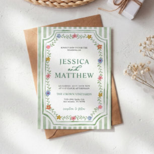 Green Striped Floral Wedding Invitation