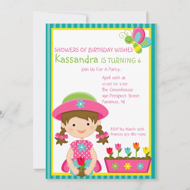 Green Striped Gardening Girl Birthday Invitation (Front)