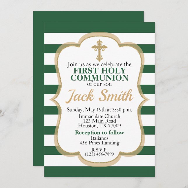Green Striped Gold Glitter First Holy Communion Invitation (Front/Back)