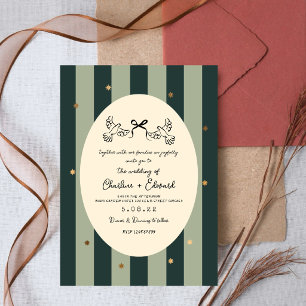 Green Striped Gold Star Wedding  Invitation