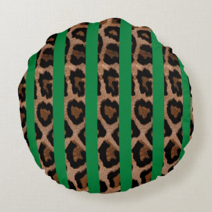 Green Striped Leopard Print Round Throw Pillow