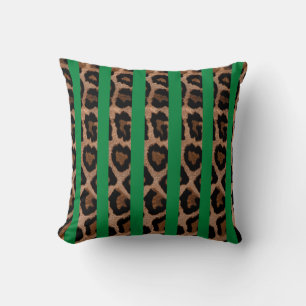 Green Striped Leopard Print Throw Pillow