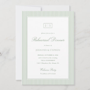Green Striped Monogram Rehearsal Dinner Invitation