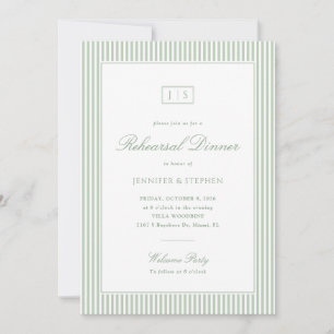 Green Striped Monogram Rehearsal Dinner Invitation