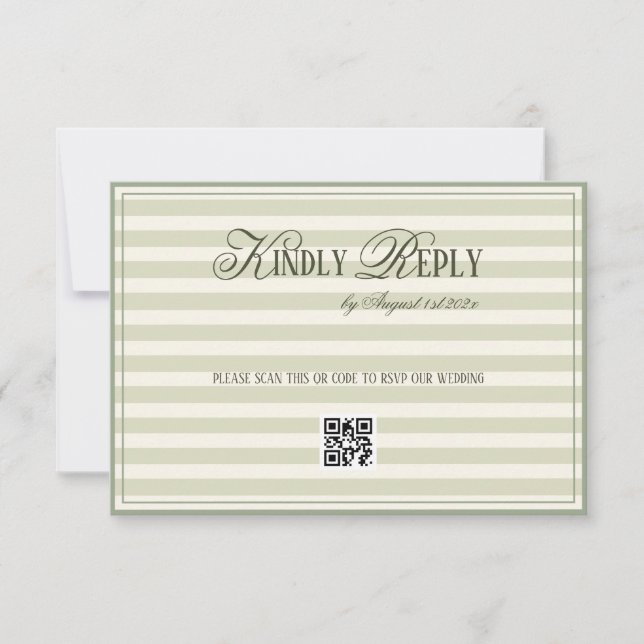 Green Striped Old Money Wedding QR code RSVP Card (Front)
