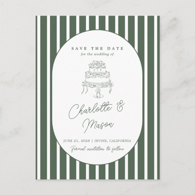 Green Striped Preppy Cabana Save the Date Postcard (Front)