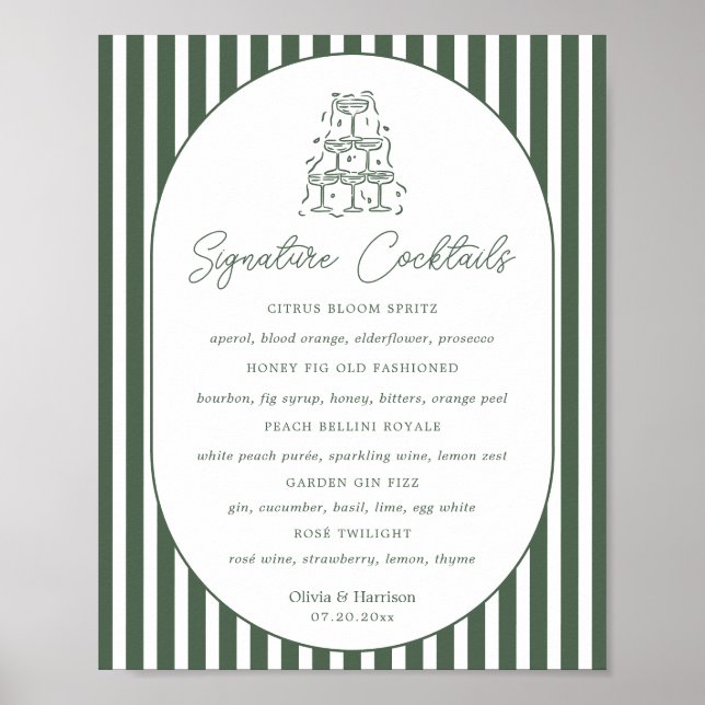 Green Striped Preppy Cabana Wedding Bar Menu Poster (Front)