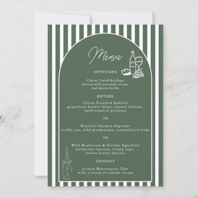 Green Striped Preppy Cabana Wedding Menu Card (Front)