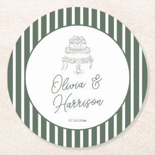 Green Striped Preppy Cabana Wedding Paper Coaster