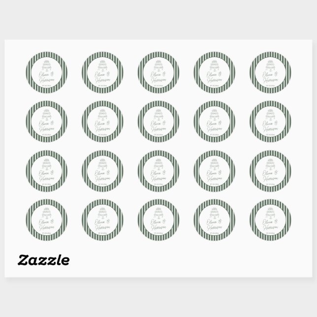 Green Striped Preppy Cabana Wedding Round Stickers (Sheet)