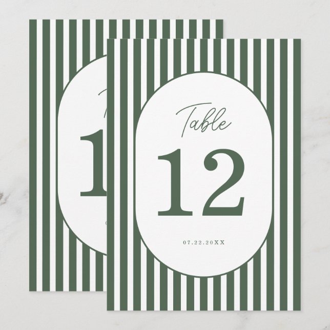 Green Striped Preppy Cabana Wedding Table Number (Front/Back)