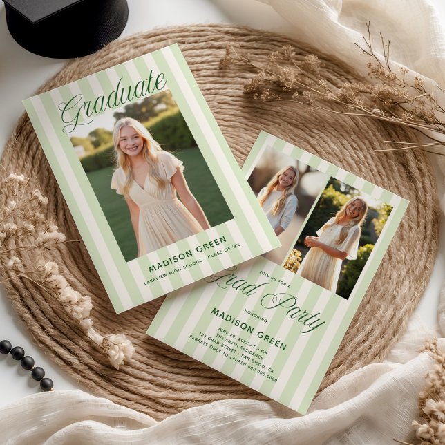 Green Striped Preppy Graduation Invitation (Creator Uploaded)
