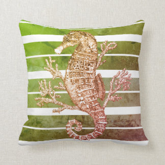 Green Striped Seahorse and Coral Cushion