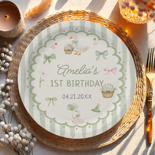 Green Striped Silly Goose Birthday Paper Plate