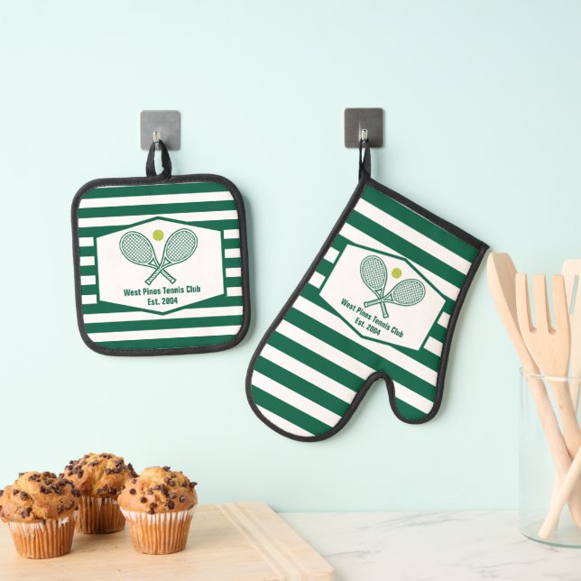 Green Striped Tennis Custom Country Club Oven Mitt & Pot Holder Set (Insitu(Hanging))