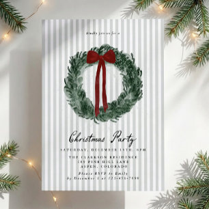 Green Striped Watercolor Wreath Red Bow Christmas  Invitation
