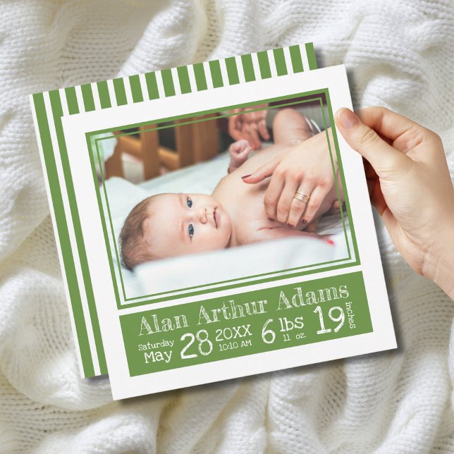 Green Stripes Baby Photo Birth Stats Announcement (Creator Uploaded)