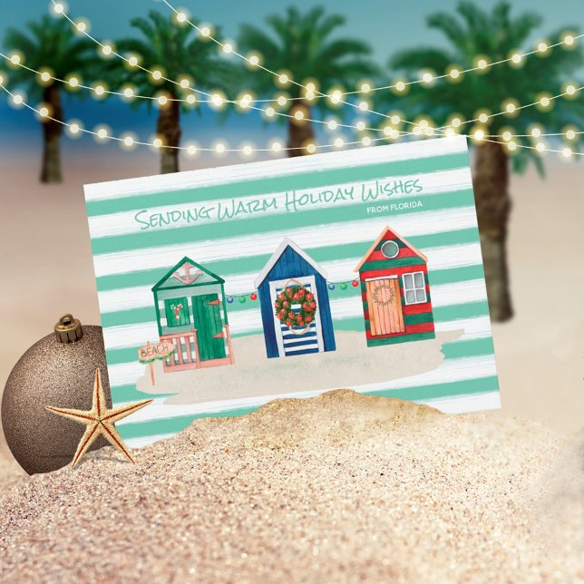 Green Stripes Beach Warm Wishes Beach Huts Holiday Card (Creator Uploaded)