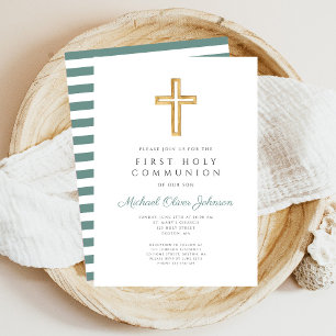 Green Stripes Cross Religious First Communion Invitation