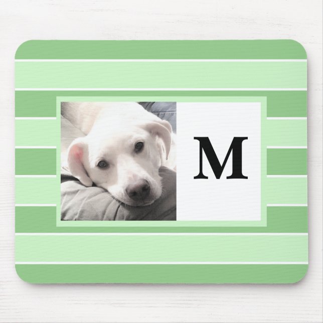 Green Stripes Custom Initial One Photo Cute Dog Mo Mouse Pad (Front)