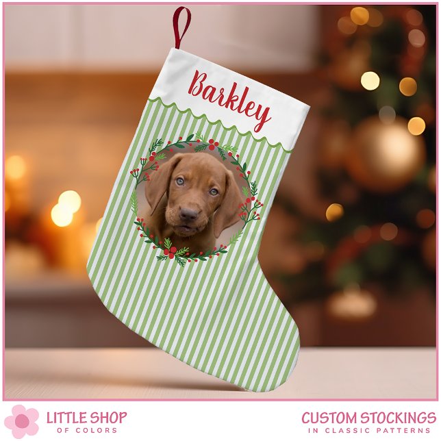 Green Stripes Evergreen Wreath Pet Dog Photo Small Christmas Stocking (Creator Uploaded)