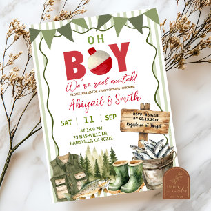 Green Stripes Fishing Baby Shower Invitation