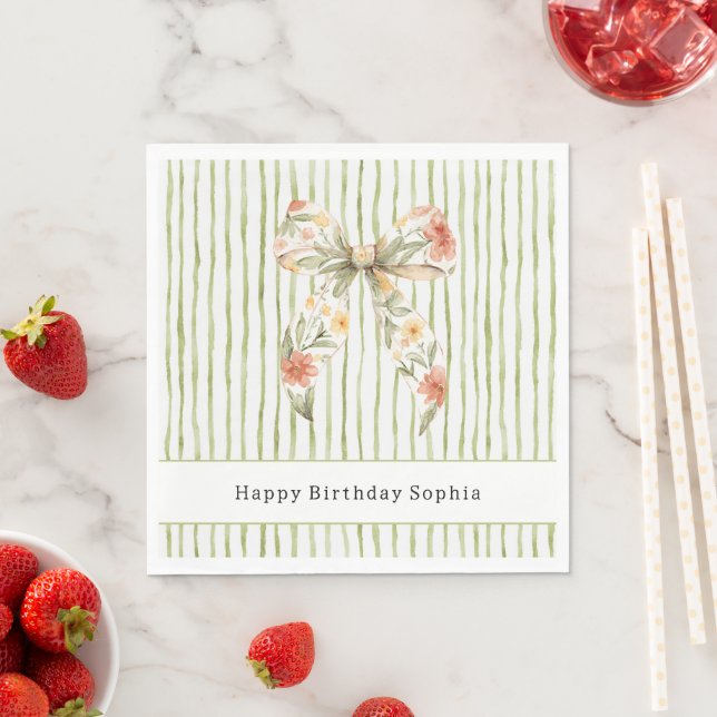 Green Stripes Floral Bow Birthday Napkin (Insitu)