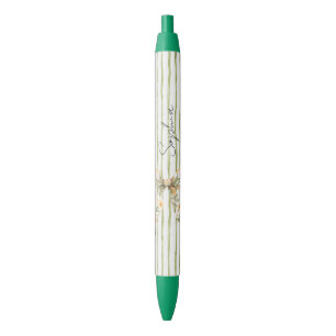 Green Stripes Floral Bow Black Ink Pen