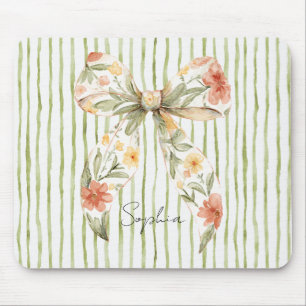 Green Stripes Floral Bow Mouse Pad