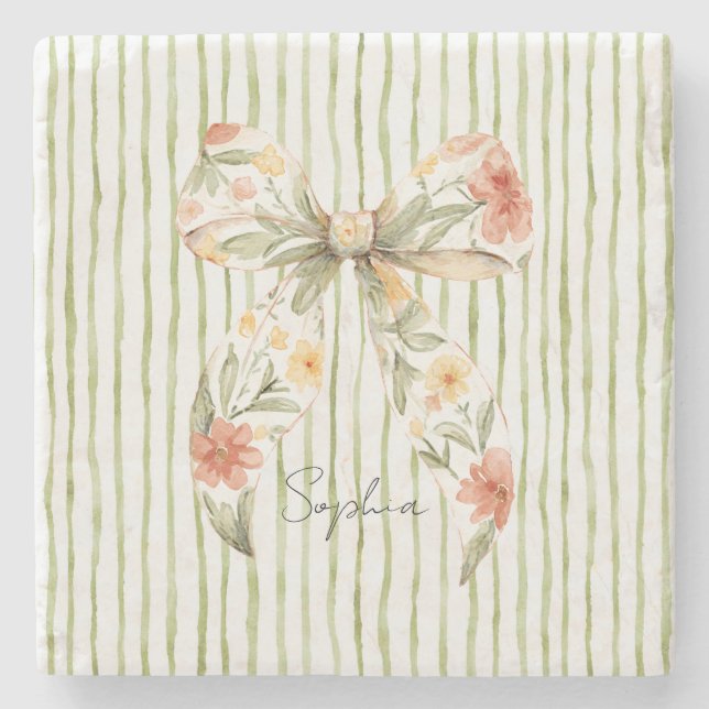 Green Stripes Floral Bow Stone Coaster (Front)