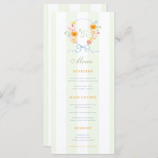 Green Stripes & Floral Crest Spring Wedding Menu (Front/Back)