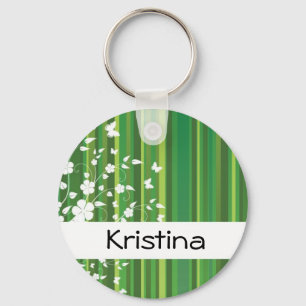 Green Stripes Floral Personalised Name  Keychain
