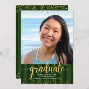 Green stripes graduation photo gold glitter script announcement