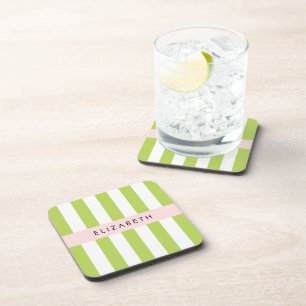 Green Stripes, Lines, Striped Pattern, Your Name Coaster