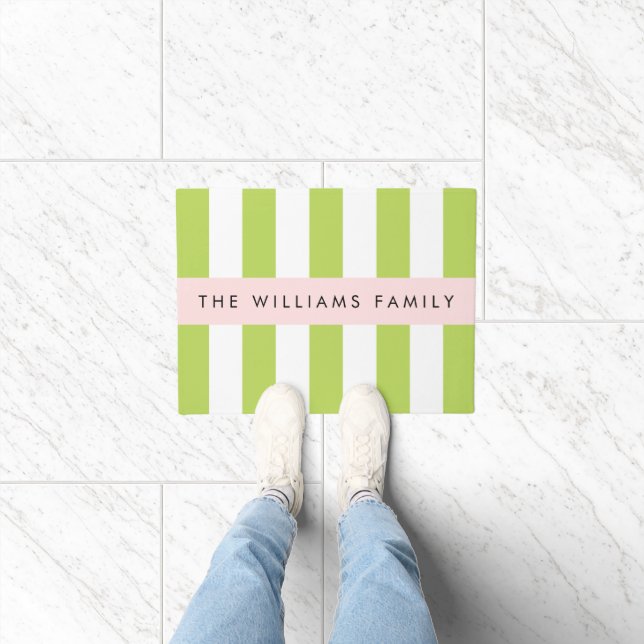 Green Stripes, Lines, Striped Pattern, Your Name Doormat (Indoor)