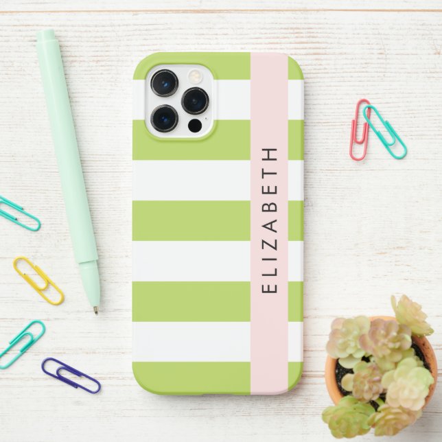 Green Stripes, Lines, Striped Pattern, Your Name iPhone Case (On Desk)