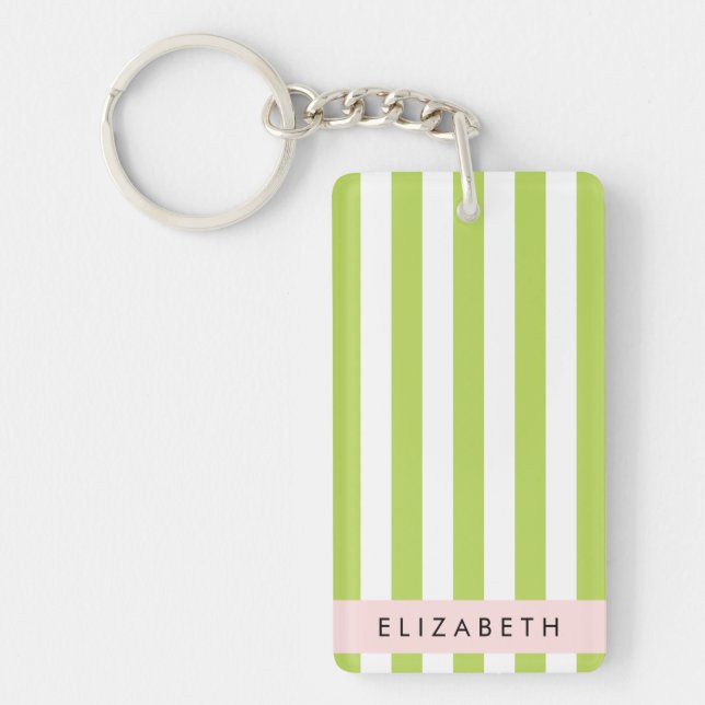 Green Stripes, Lines, Striped Pattern, Your Name Key Ring (Front)