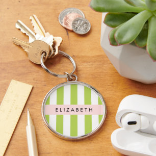 Green Stripes, Lines, Striped Pattern, Your Name Key Ring