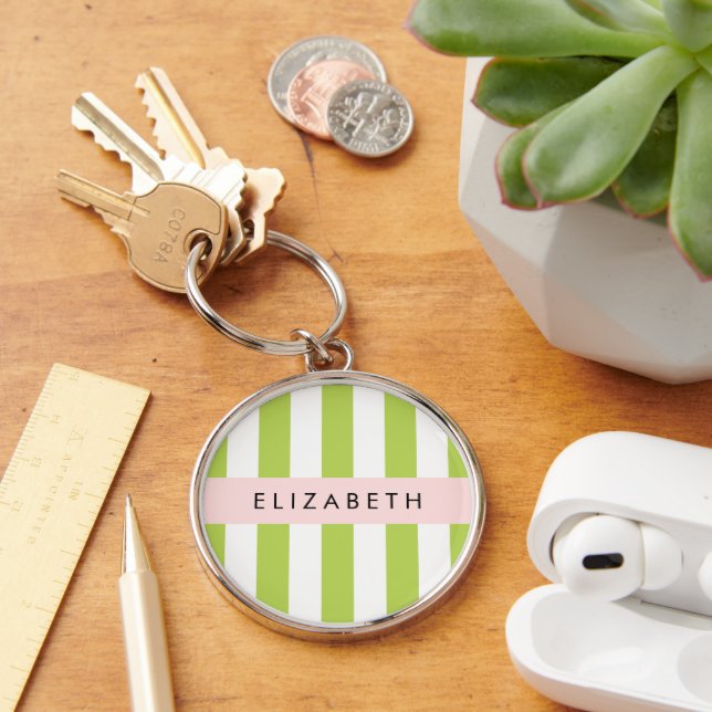 Green Stripes, Lines, Striped Pattern, Your Name Key Ring (Desk)
