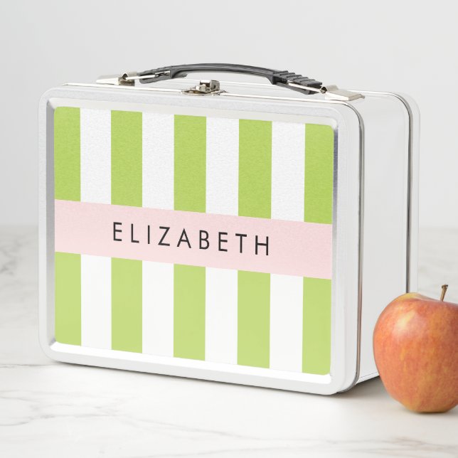 Green Stripes, Lines, Striped Pattern, Your Name Metal Lunch Box (In Situ)