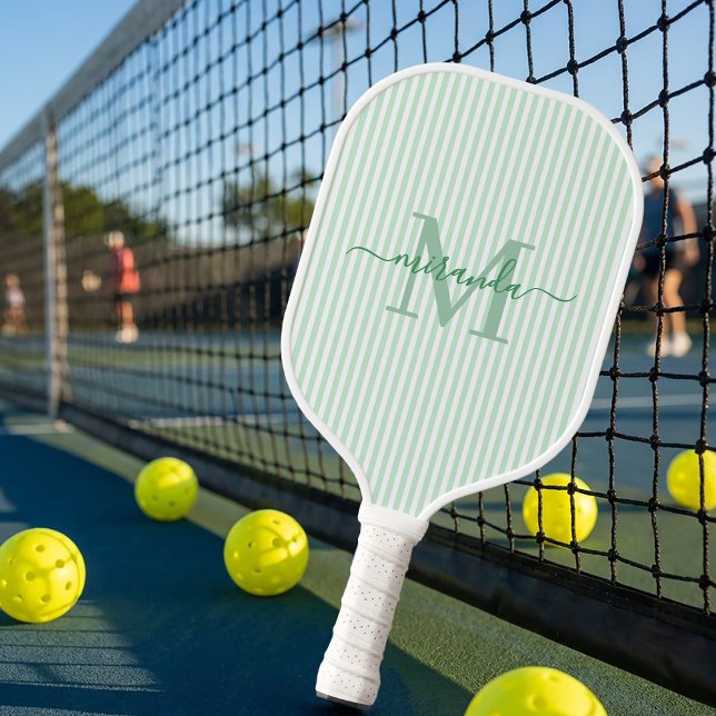 Green Stripes Monogram Name Pickleball Paddle (Creator Uploaded)