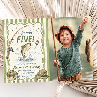 Green Stripes O-Fish-Ally Five Birthday Photo Invitation