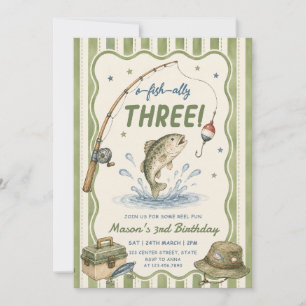 Green Stripes O-Fish-Ally Three Birthday Invitation