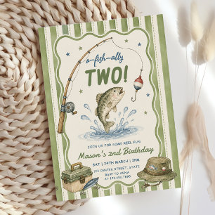 Green Stripes O-Fish-Ally Two Birthday Invitation