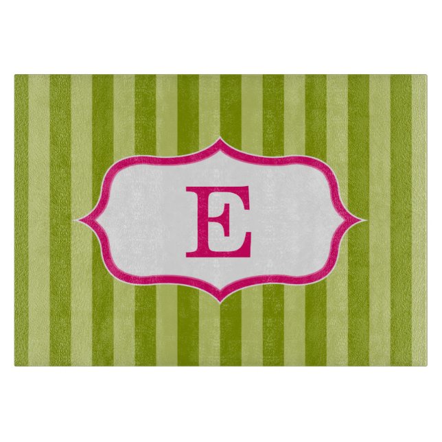 Green Stripes Pink Monogram Design Cutting Board (Front)