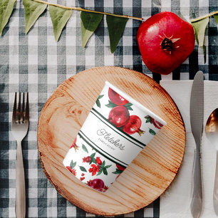Green Stripes & Red Pomegranate Customisable Paper Cups