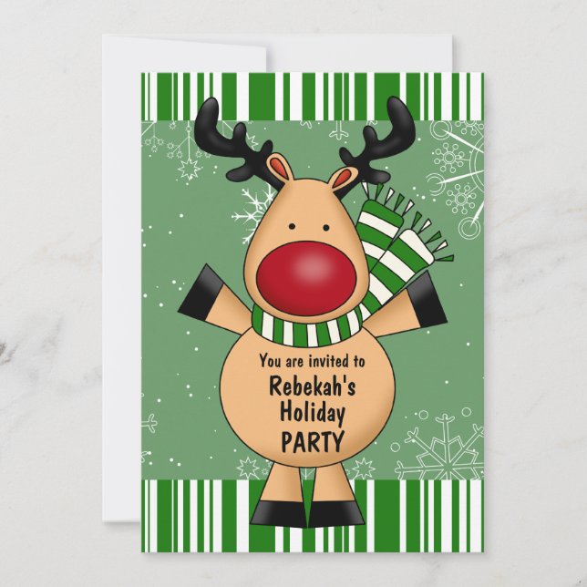Green Stripes Reindeer Holiday Party Invitation (Front)