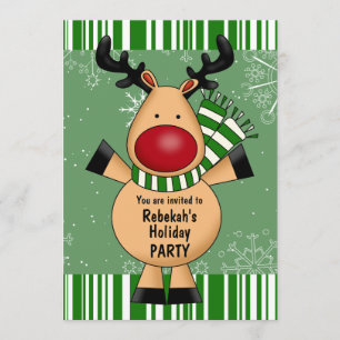 Green Stripes Reindeer Holiday Party Invitation