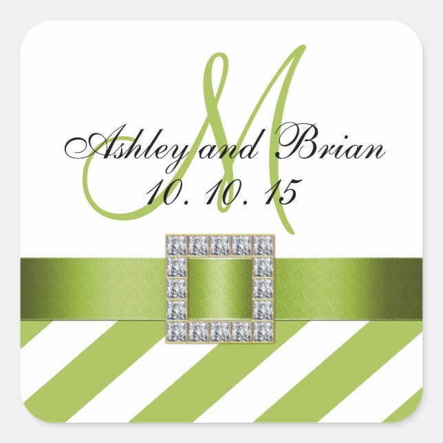Green Stripes Ribbon Monogram Wedding Favour Label (Front)