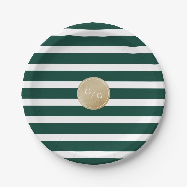 Green stripes simple modern wedding monogram paper plate (Front)